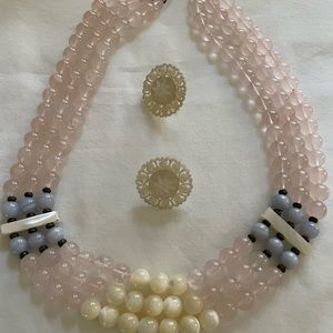 Beautiful Rose and Blue Necklace with Matching Pierced Earrings